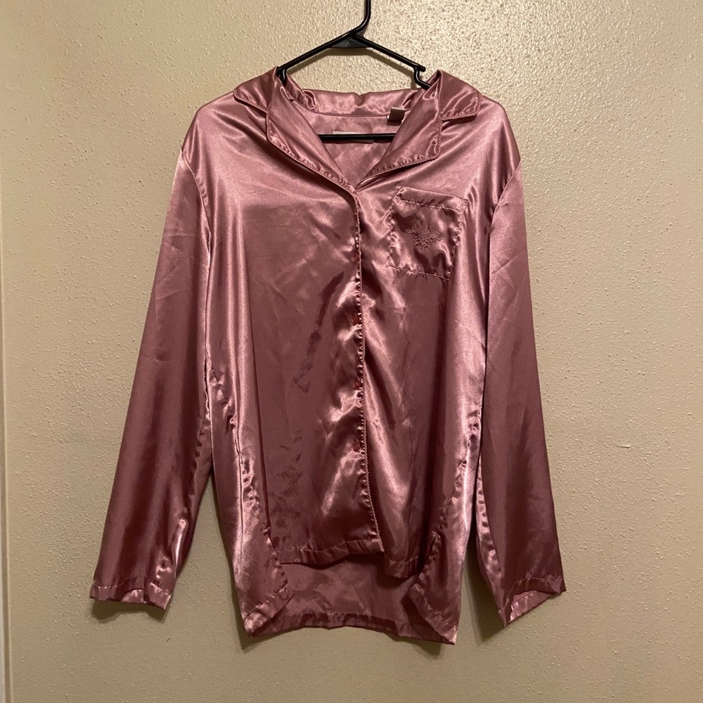 Pink satin silk button up shirt